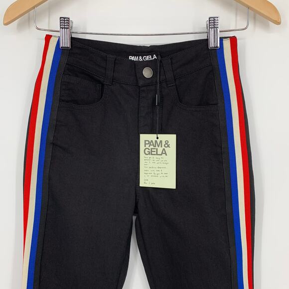 Pam & Gela Cropped Flare with Classic Stripe, Black Side Stripe Kick Flare Jeans - Picture 6 of 12